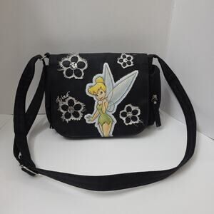 Disney Tinker Bell Crossbody Messenger Bag Black Floral Fairy Purse